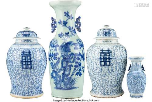 A Group of Four Chinese Blue and White Vases 23-1/4 x 8 inch...