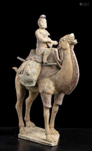 A RARE PAINTED POTTERY GROUP WITH A SOGDIAN CAMEL AND A FORE...