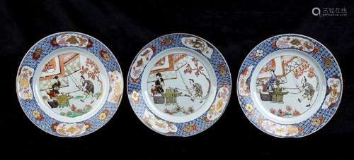 THREE POLYCHROME ENAMELED PORCELAIN DISHES