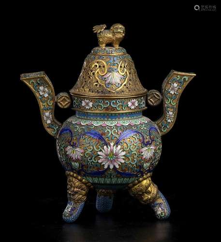 A CHAMPLEVE’-ENAMEL GILT METAL TRIPOD INCENSE BURNER