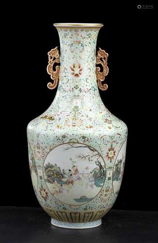 A POLYCHROME ENAMELED PORCELAIN BALUSTER VASE