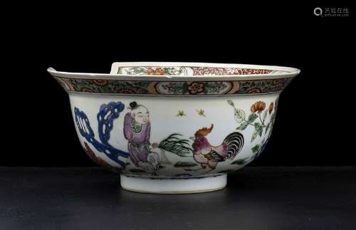 A POLYCHROME ENAMELED PORCELAIN BARBER BOWL