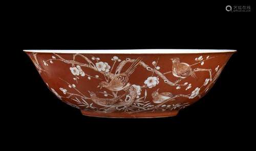 A RESERVED RED GROUND PORCELAIN LARGE BOWL