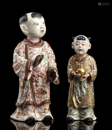 TWO POLYCHROME ENAMELED AND GILT ’SATSUMA’ CERAMIC FIGURES O...