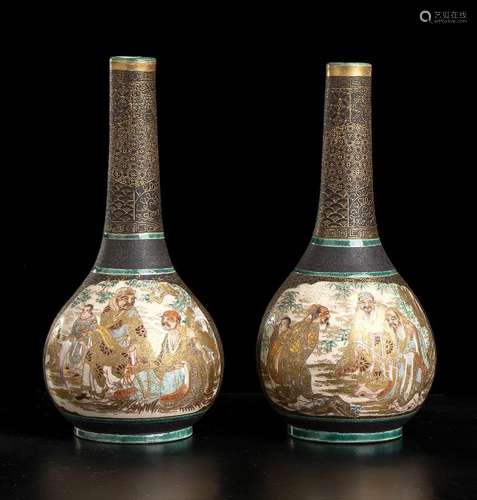 A PAIR OF POLYCHROME ENAMELED AND GILT ‘SATSUMA’ CERAMIC BOT...