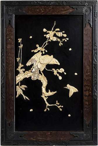 A BONE AND MOTHER-OF-PEARL INLAID LACQUERED WOOD PANEL