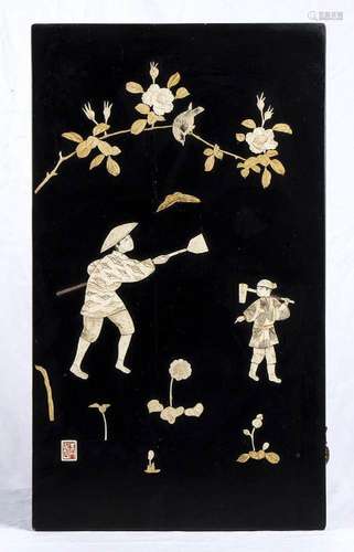 A BONE INLAID LACQUERED WOOD PANEL