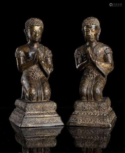 A PAIR OF GILT BRONZE FIGURES OF MONKS