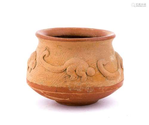 A CERAMIC OLLA WITH A DECORATION OF RELIEF MONKEYS<br />