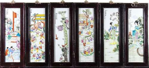 SIX POLYCHROME ENAMELED PORCELAIN AND WOOD FRAME PANELS