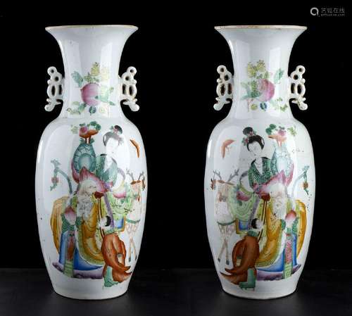 A PAIR OF POLYCHROME ENAMELED PORCELAIN BALUSTER VASES WITH ...