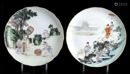 TWO POLYCHROME ENAMELED PORCELAIN DISHES