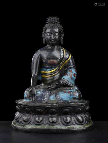 A PARTIALLY CLOISONNE’ ENAMELED METAL BUDDHA