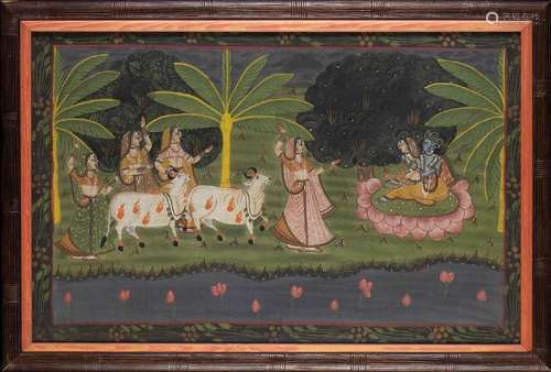 A COLOURS ON FABRIC ‘PICHHWAI’ PAINTING WITH KRISHNA, FEMALE...