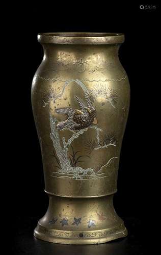 A METAL INLAID BRONZE BALUSTER VASE