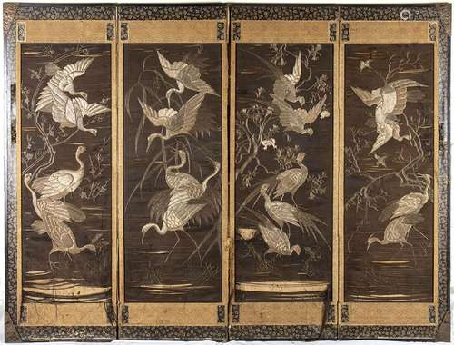 A FOUR-PANEL SILK SCREEN WITH AN EMBROIDERED DECORATION OF C...