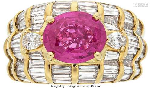 Burma Ruby, Diamond, Gold Ring  Stones: Oval-shaped ruby wei...