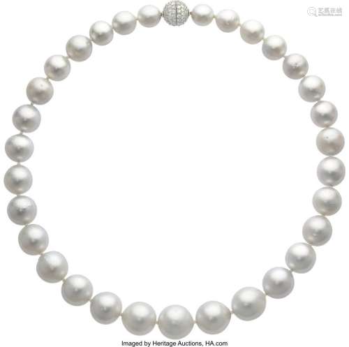 South Sea Cultured Pearl, Diamond, Platinum Necklace  Stones...