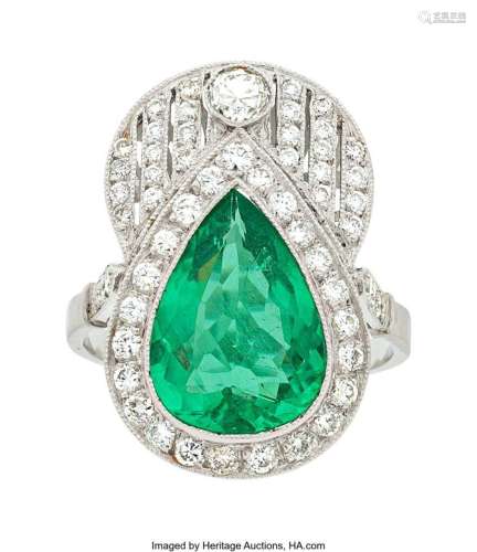 Diamond, Emerald, White Gold Ring  Stones: Pear-shaped emera...