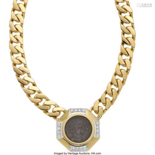 Diamond, Ancient Coin, Gold Necklace  Stones: Full-cut diamo...