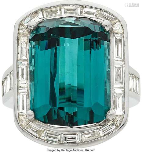 Tourmaline, Diamond, Platinum Ring  Stones: Cushion-shaped t...