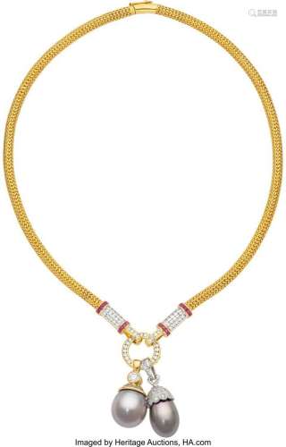 Diamond, Ruby, South Sea Cultured Pearl,  Gold Convertible N...