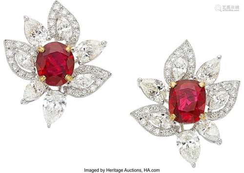 Burma Ruby, Diamond, Gold Earrings  Stones: Oval and cushion...