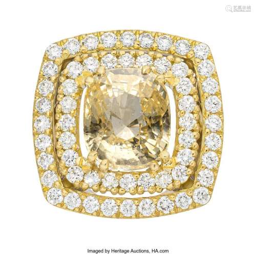 Ceylon Yellow Sapphire, Diamond, Gold Ring  Stones: Cushion-...