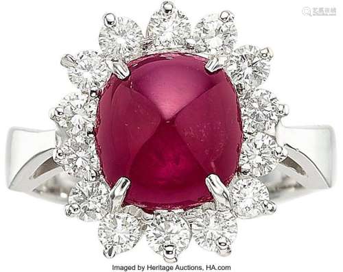 Burma Ruby, Diamond, White Gold Ring  Stones: Ruby sugarloaf...