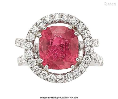 Red Spinel, Diamond, Platinum Ring  Stones: Cushion-shaped r...