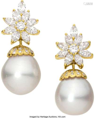 Diamond, South Sea Cultured Pearl, Gold Earrings  Stones: Ma...