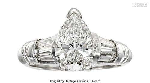 Diamond, Platinum Ring  Stone: Pear-shaped diamond weighing ...