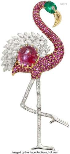 Burma Ruby, Diamond, Emerald, Gold Brooch  Stones: Burma rub...