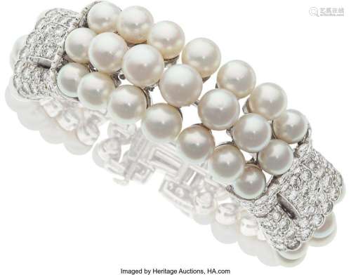 David Webb Diamond, Cultured Pearl,  Platinum Bracelet  Ston...