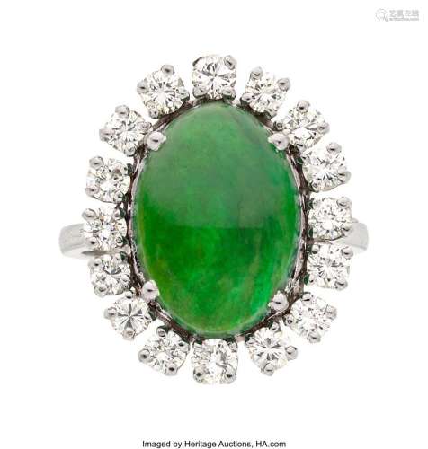 Jadeite Jade, Diamond, Platinum Ring  Stones: Jadeite jade c...