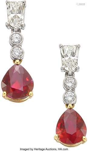 Burma Ruby, Diamond, Platinum, Gold Earrings  Stones: Pear-s...
