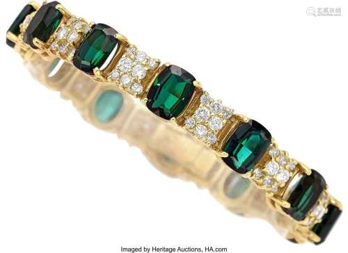 Green Tourmaline, Diamond, Gold Bracelet  Stones: Cushion-sh...
