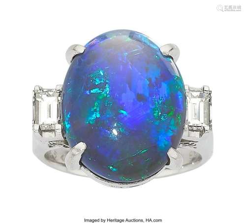 Black Opal, Diamond, Platinum Ring  Stones: Opal cabochon we...