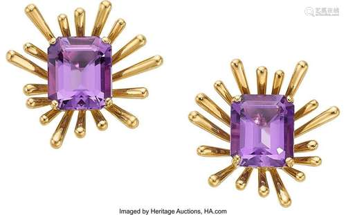 Verdura Amethyst, Gold Earrings  Stone: Emerald-cut amethyst...