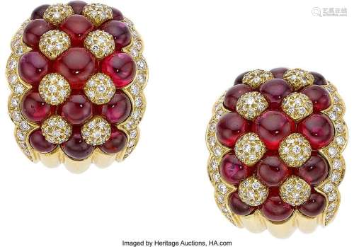 Asprey Diamond, Ruby, Gold Earrings, French  Stones: Full-cu...