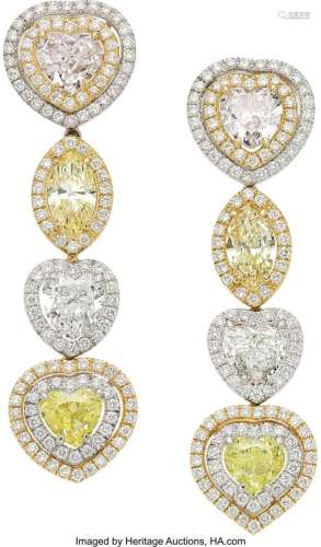Diamond, Colored Diamond, Gold Earrings  Stones: Heart-shape...