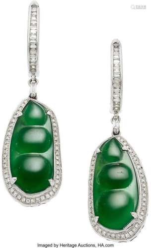 Jadeite Jade, Diamond, White Gold Earrings  Stones: Carved j...