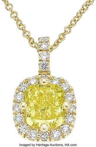Fancy Intense Yellow Diamond, Diamond,  Gold Pendant-Necklac...