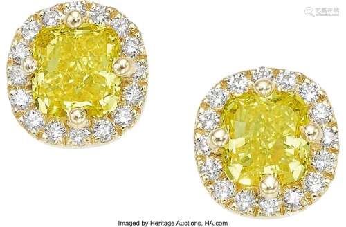Fancy Vivid Yellow Diamond, Diamond, Gold Earrings  Stones: ...