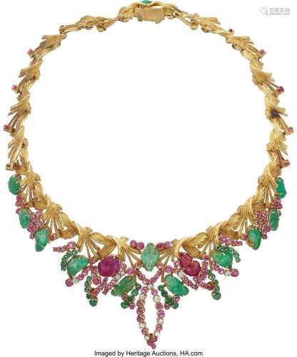 Diamond, Ruby, Emerald, Gold Necklace  Stones: Single-cut di...
