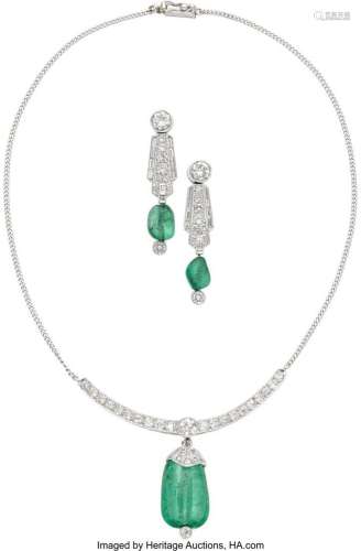 Emerald, Diamond, Platinum, White Gold  Jewelry Suite  Stone...