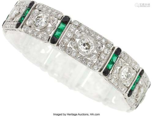 Diamond, Synthetic Emerald, Black Onyx,  Platinum Bracelet  ...
