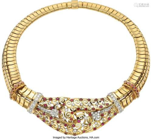 Verger Frères Retro Diamond, Ruby,  Gold Necklace, French  S...