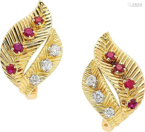 Van Cleef & Arpels Diamond, Ruby,  Gold Earrings, circa ...