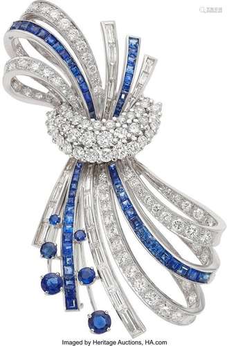 Diamond, Sapphire, Platinum Brooch  Stones: Full, single, ba...